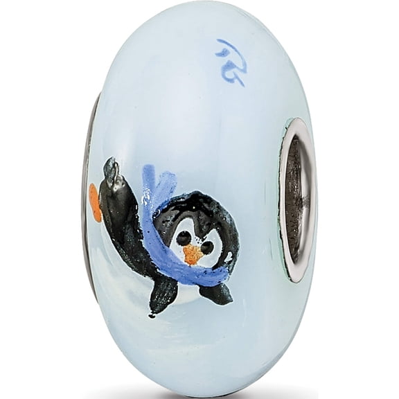 Sterling Silver Ster.Silver Reflections Hand Painted Penguin Frolic Fenton Glass Bead (14.9 X 14.9) Made In United States qrs3897