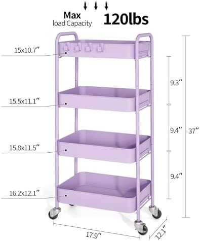 4-Tier Metal Rolling Cart with Wheels, Storage Utility Organizer Cart for Kitchen, Bathroom, Office, Baby Essentials & Makeup - Lockable Casters, Easy Assembly, Large Capacity, Purple