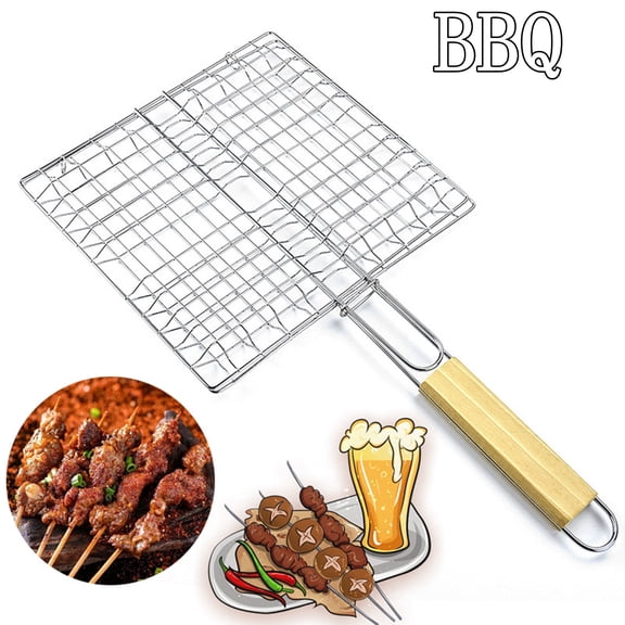 Fmxomd Fish Grilling Basket, Folding Portable Stainless Steel BBQ Grill Basket for Fish Vegetables Shrimp with Removable Handle, Silver