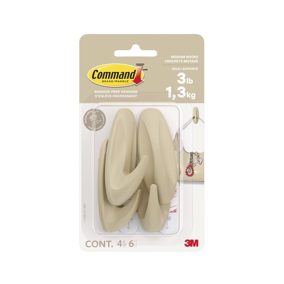 Command Medium Designer Hooks, Latte, Holds 3 lbs, 4 Hooks, 6 Adhesive Strips