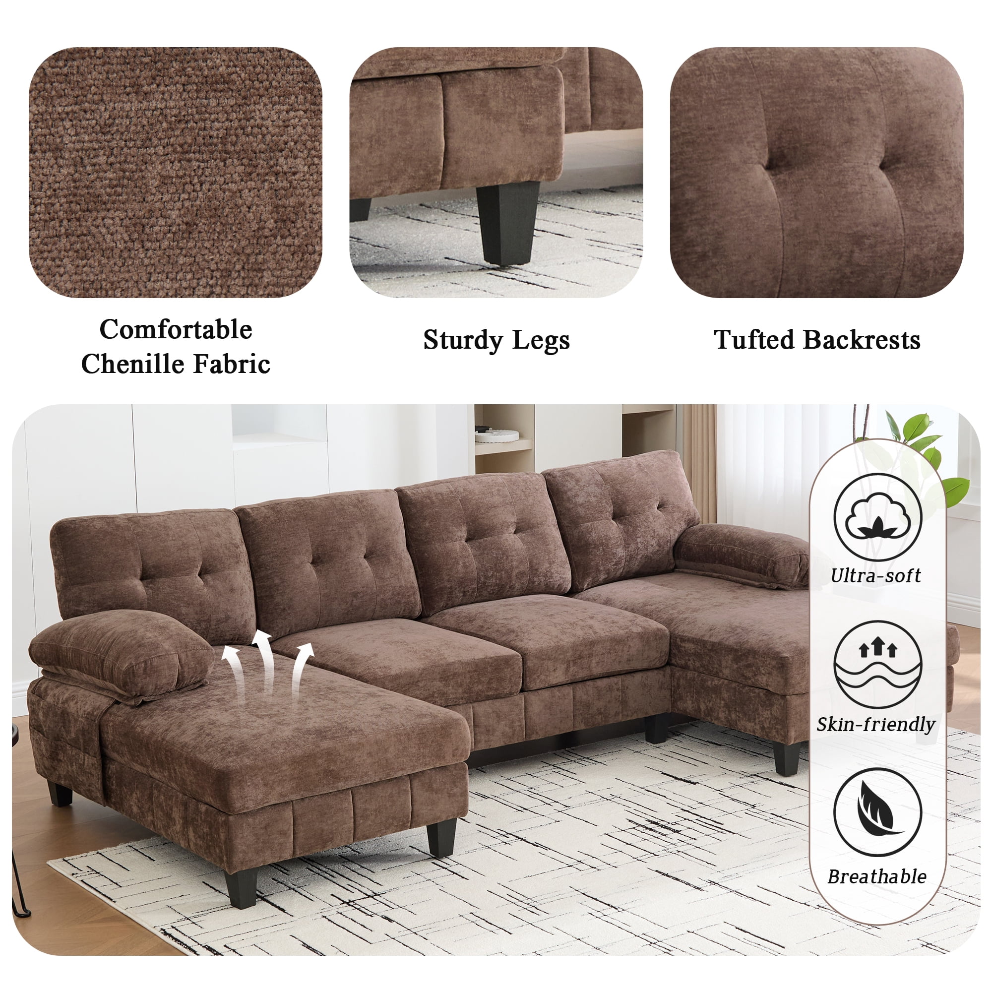 Euroco U-shaped Sectional Sofa 103.5" Chenille Fabric Couch with Dual Chaise Lounges, Storage Pockets and Armrest Pillows for Living Room, Brown