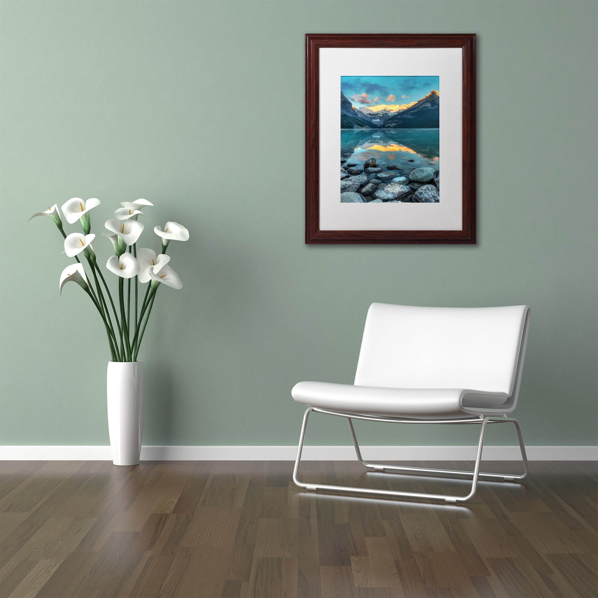 Trademark Fine Art 'Lake Louise Sunrise' Canvas Art by Pierre Leclerc, White Matte, Wood Frame