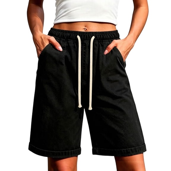 JJHGVB Stretchy Jean Shorts for Women - Elastic Waist Drawstring Bermuda Shorts Denim Short Casual Beach Knee Length Jorts Black L