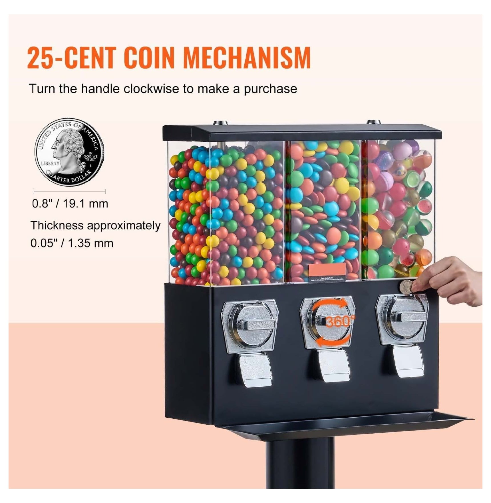 Gumball Machine with Stand - Black Vintage Candy Dispenser - 3 Slot Vending Machine - Coin Operated - 8lbs Capacity - for Restaurants, Malls, Home