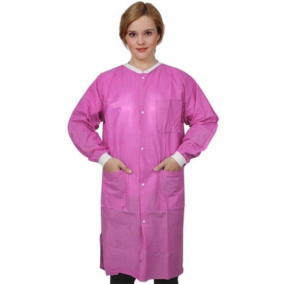 Disposable Lab Coats, SMS Material, Knee Length, 3 Pockets, 50 Pack – X-Large, Pink