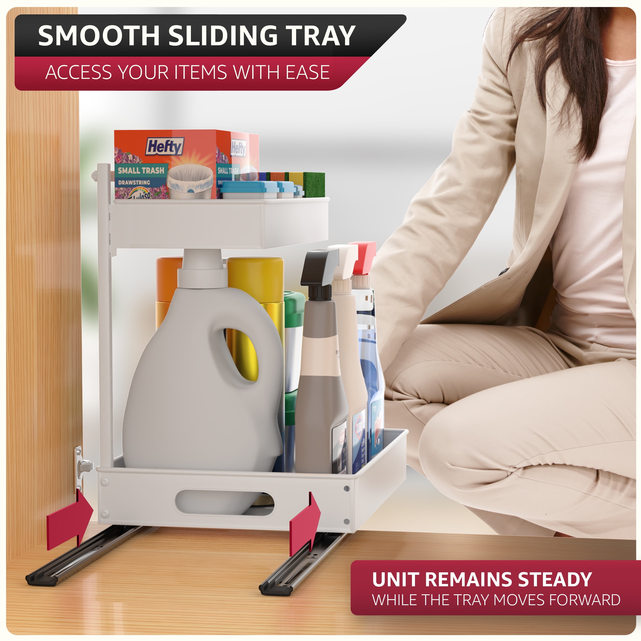 Sorbus 2-Tier Under Sink Organizer with Sliding Drawers, No-Drill Storage Rack (White)