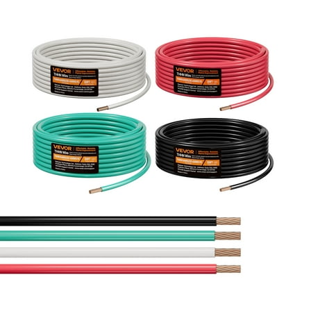 VEVOR THHN Wire, 19-Stranded, 6 AWG Black White Red and 8 AWG Green, 100% OFC Copper Electrical Building Wire, with Nylon Jacket, Rated for Up to 600 Volts, for Residential, Industrial, Total 120 ft