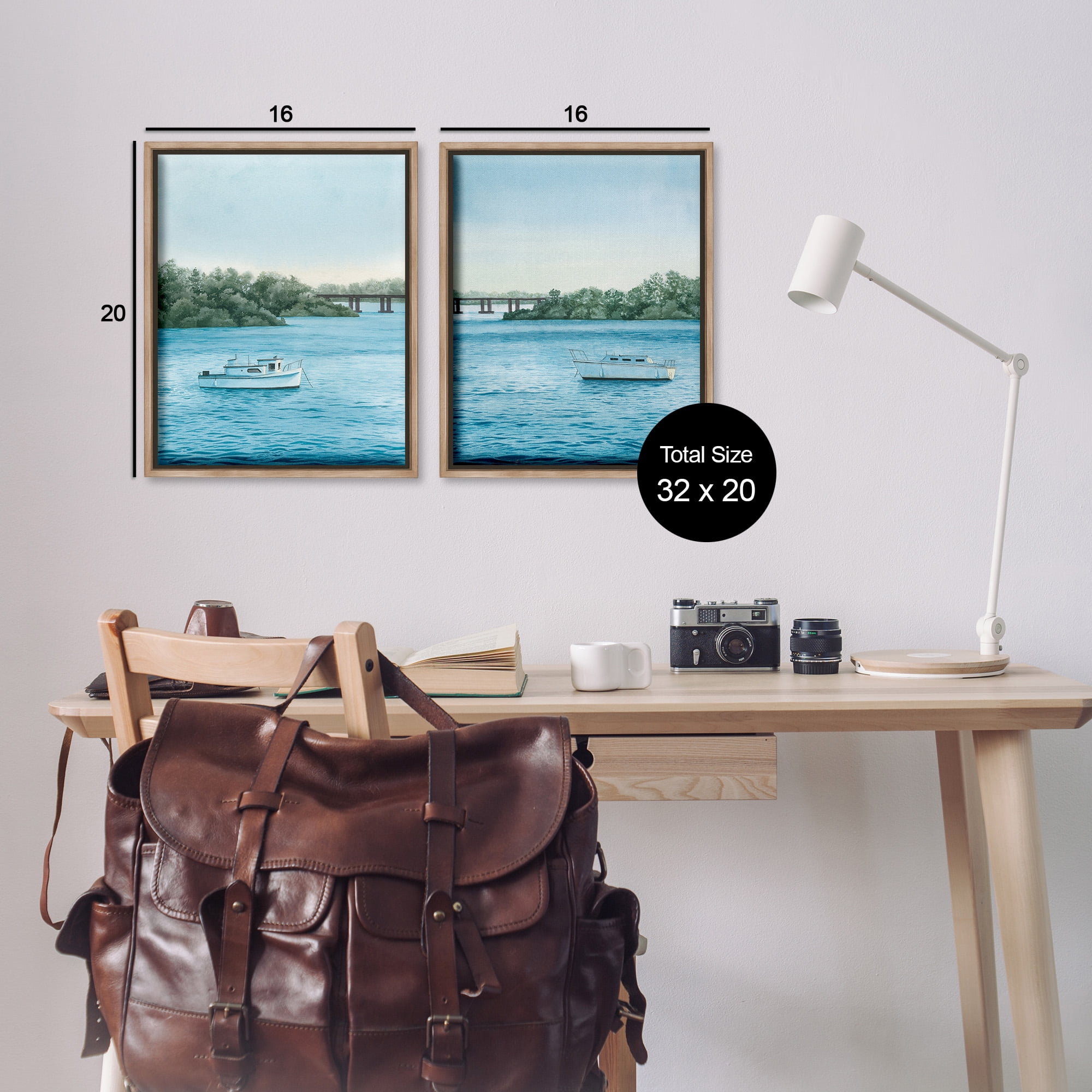 Stupell Industries Serene Summer Boats Landscape Painting Brown Floater Framed Canvas Art Print Wall Art, 17 x 21, Set of 2