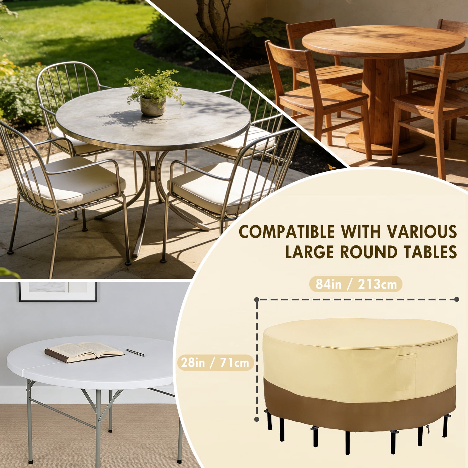 Round Patio Furniture Covers, 84" Dia Outdoor Furniture Covers, Waterproof Outdoor Table Cover, Fire Pit Cover, 420D Cover for Outdoor Furniture Set, Beige&Brown