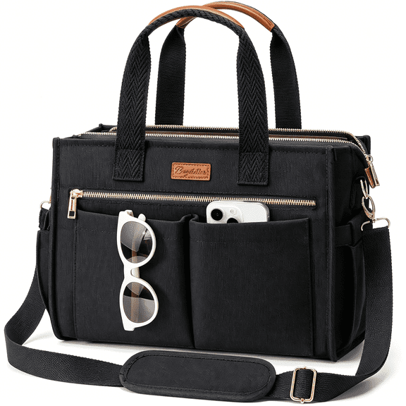 GASTROPOD Canvas Tote Bag for Women,15-Pockets Work Laptop Tote Purse Large Crossbody Nurse Teacher Bag for School Travel Daily | with Strap&Zipper,Multi Compartment,Stand Upright Stably