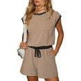 thumbnail image 2 of UAMVSH Rompers for Women Fashionable Stripe Printed Short Jumpsuit Cap Sleeve Crew Neck Pockets Jumpers Clothes with Adjustable Drawstring, 2 of 4