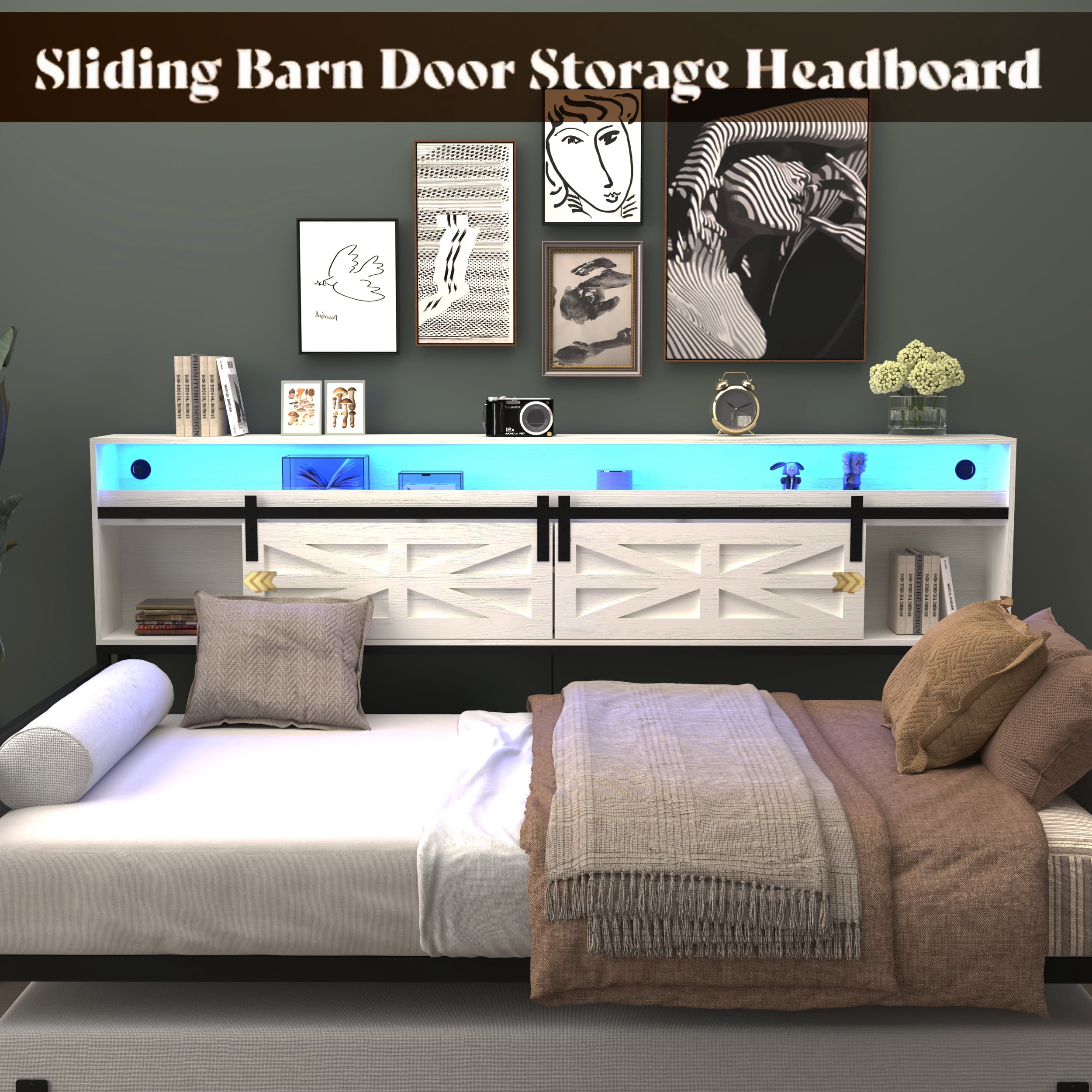 Mintazer Farmhouse Twin Bed Frame with Trundle & RGB LED Headboard, Platform Daybed with Sliding Barn Door Storage for Bedroom & Living Room, White