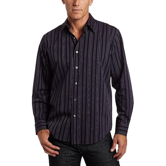 Van Heusen Men's Long-Sleeve Night Stripes Wide Stripes Button Down Shirt (Purple Amethist, Small, S)