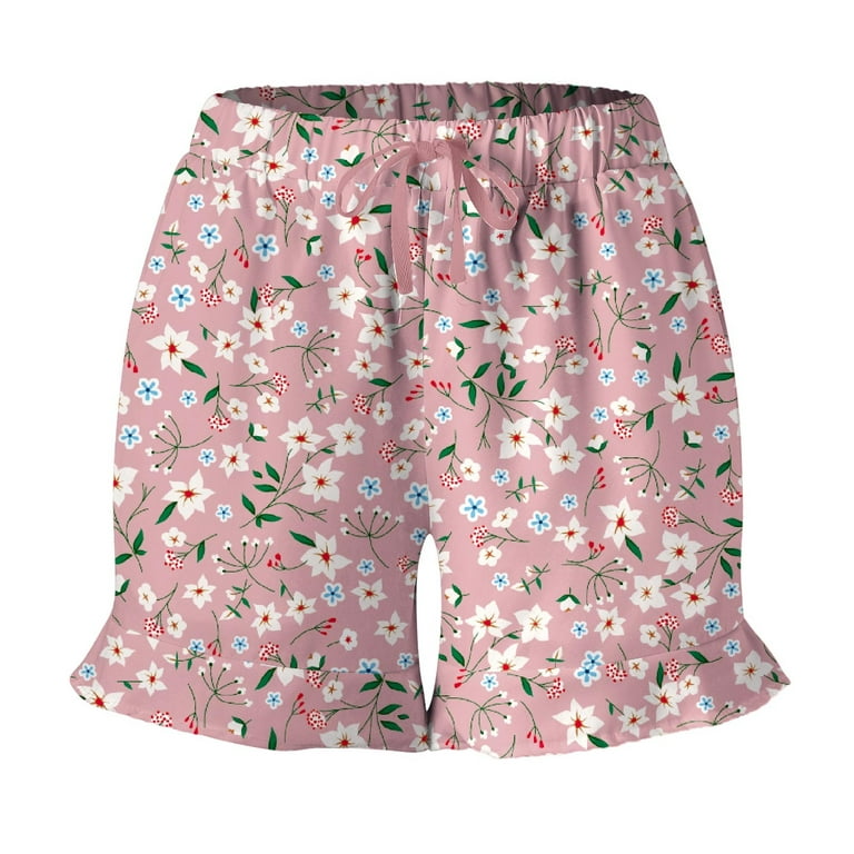 Aayomet Running Shorts Womens Shorts Cotton High Elastic Waisted Pleated  Ruffle Cute Shorts Beach Flowy Casual Shorts,Pink XL 
