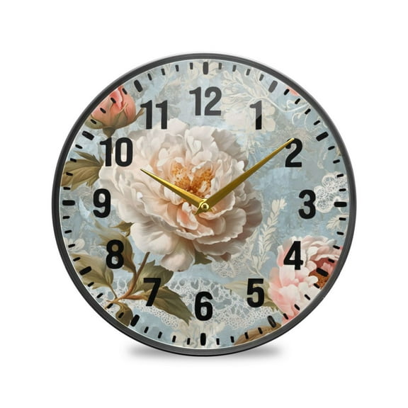 Yayeee Wall Clock Battery Operated 9.5" Silent Quartz Non-Ticking for Living Room Decor, Whimsical Rose