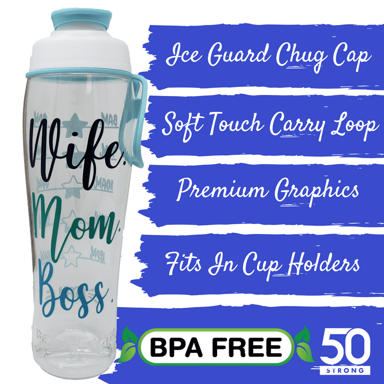 50 Strong BPA Free Reusable Water Bottle with Time Marker - 30 oz.  Motivational Fitness Bottles - Hours Marked - Drink More Water Daily -  Tracker Helps You Drink Water All Day 