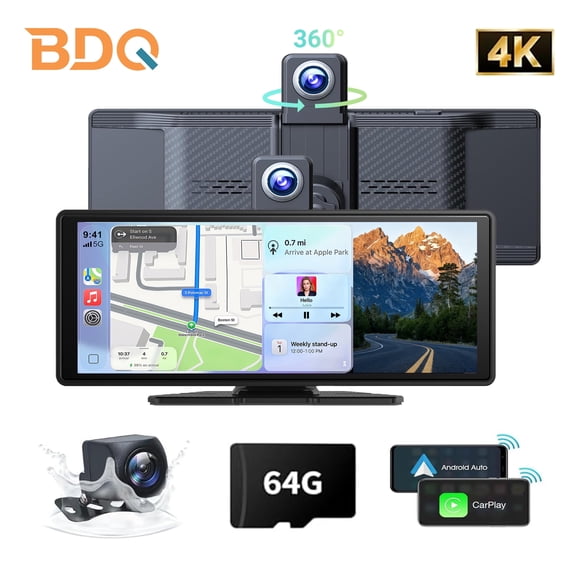 BDQ 10.26" Portable Wireless CarPlay Screen for Car, Android Auto Display with 1080P Backup Camera, GPS, Bluetooth Touchscreen