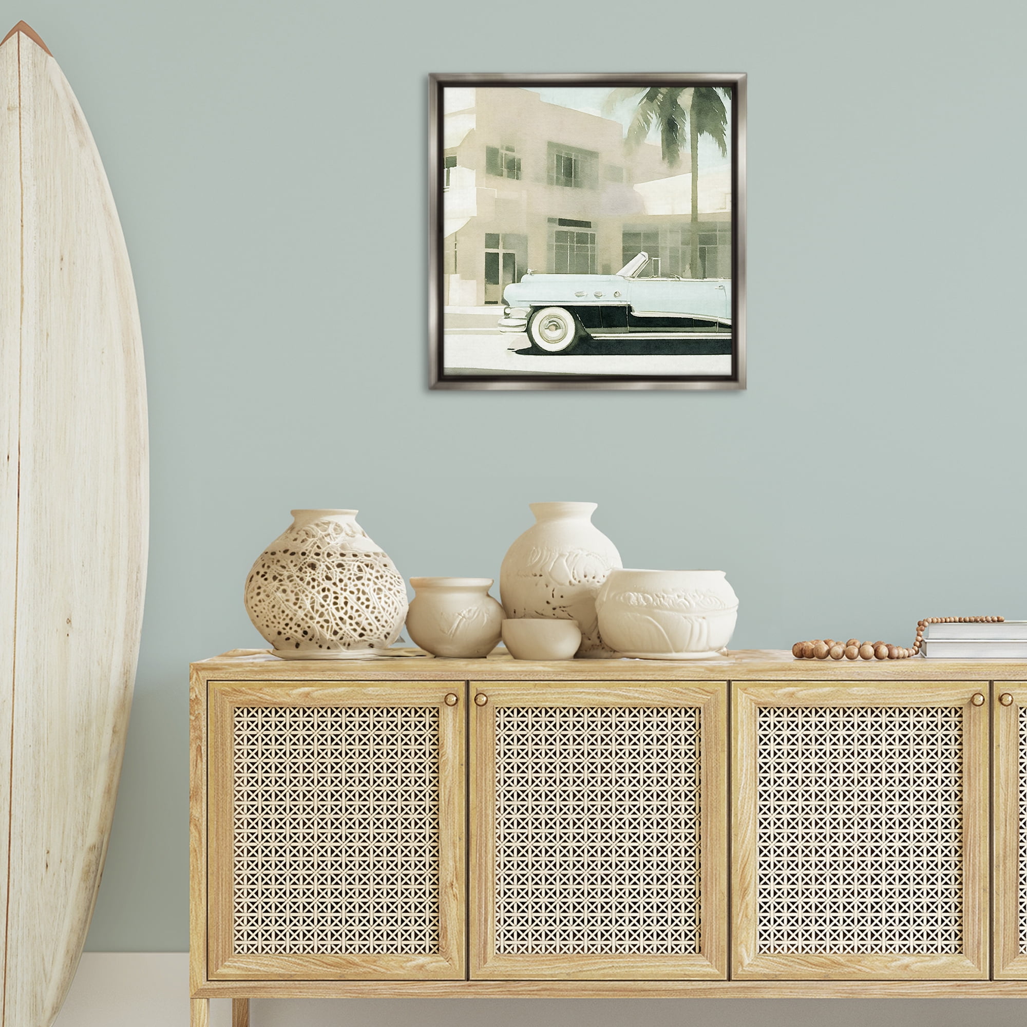 Stupell Industries Miami Car & Palm Tree Transportation Painting Gray Floater Framed Canvas Art Print Wall Art, 25 x 25