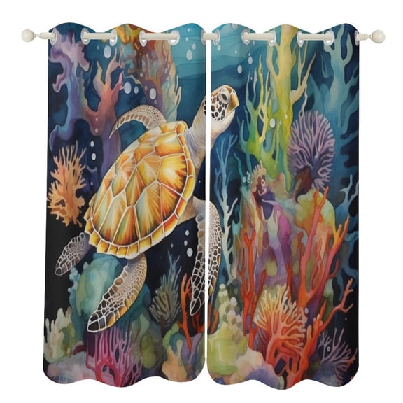 Blackout Curtains for Bedroom Ocean World Turtle Full Room Darkening Grommet Curtains for Living Room,Thermal Insulated Ombre Drapes