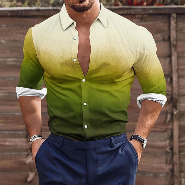Blusa y camisa de manga larga con cuello vuelto para hombre, estilo casual, a la moda, con botones estampados, blusa de manga larga con cuello vuelto, camisetas de poliéster para hombre