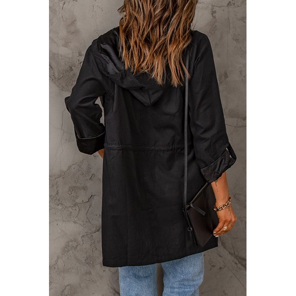 POGLIP Manteau à Capuchon Noir pour Femmes avec Cordon de Serrage et Col Rabattu