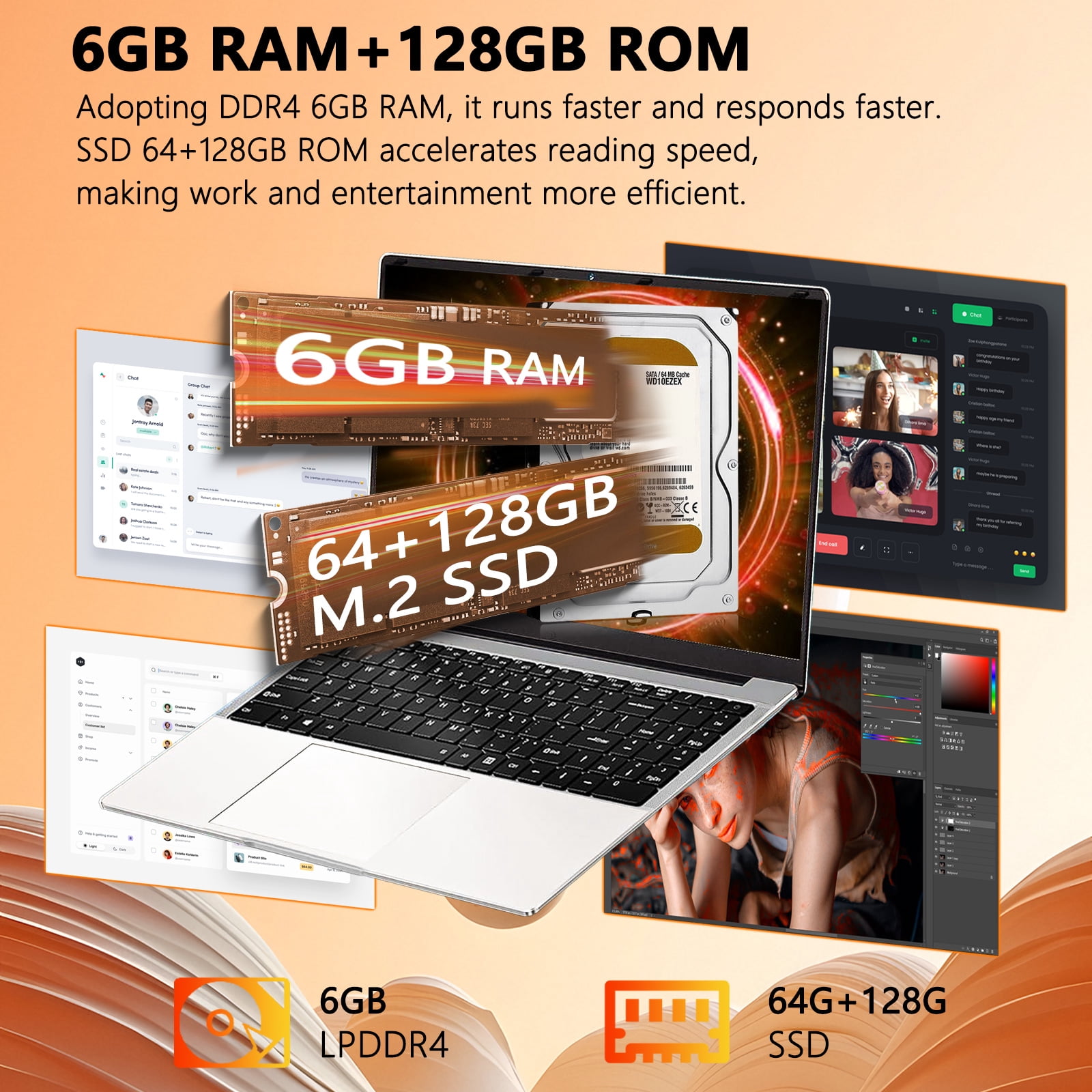 14.1" Laptop, Intel Celeron N3450, 6GB, 192GB SSD, FHD Display, Ultra Slim Notebook, WiFi, HDMI, Webcam,Silver
