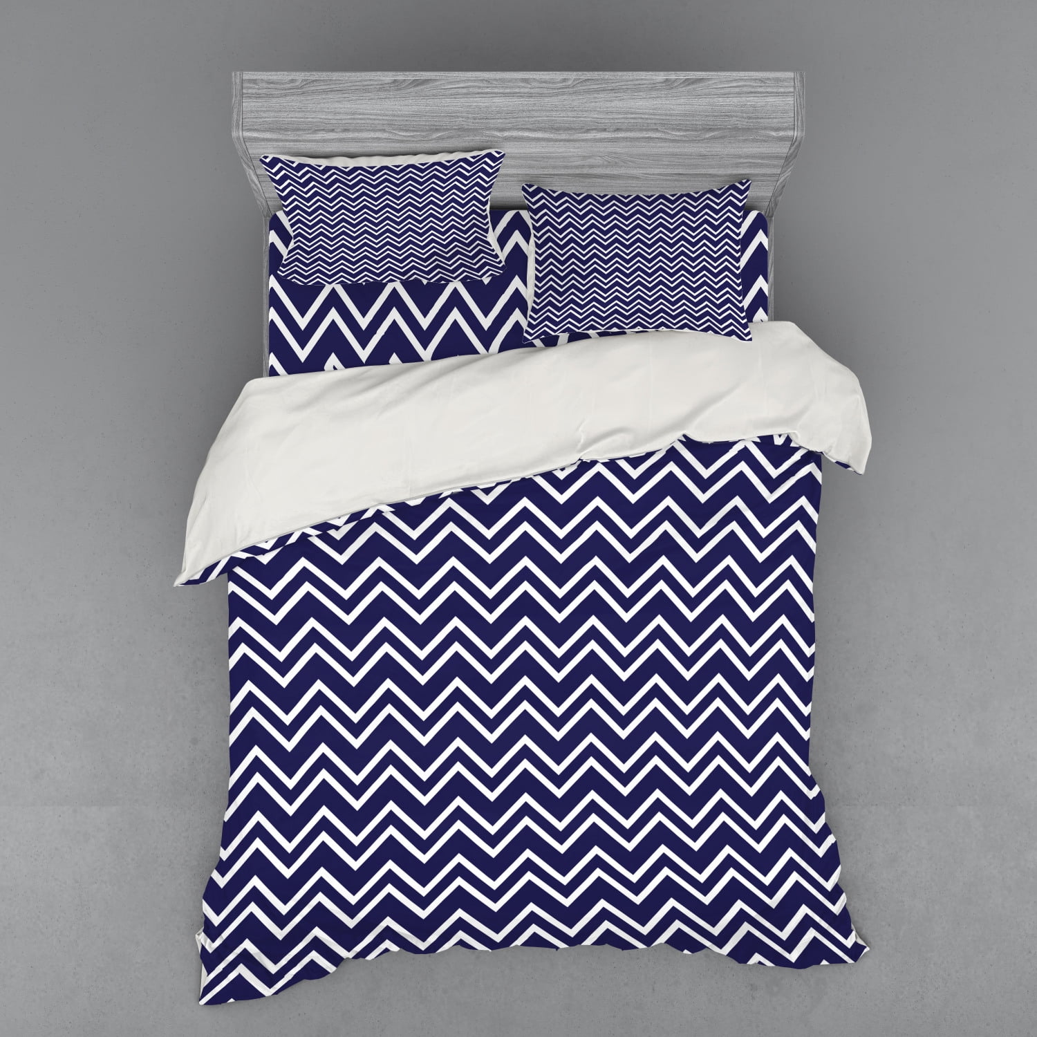 Navy Blue Duvet Cover Set, Navy Blue Color Background with Zig Zag