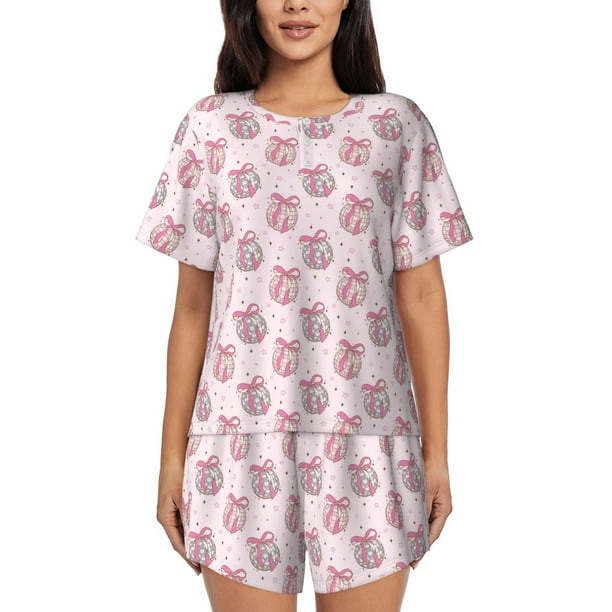 Fotbe Pink Disco Ball Conjunto de Pijama Estampado para Mujer, 2 Piezas, Ropa de Dormir con Camiseta de Manga Corta y Shorts Suaves-Large