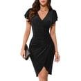 thumbnail image 1 of Owin Women's Summer Sexy V Neck Ruffle Sleeve Faux Wrap Ruched Sheath Bodycon Cocktail Party Work Dress, 1 of 4