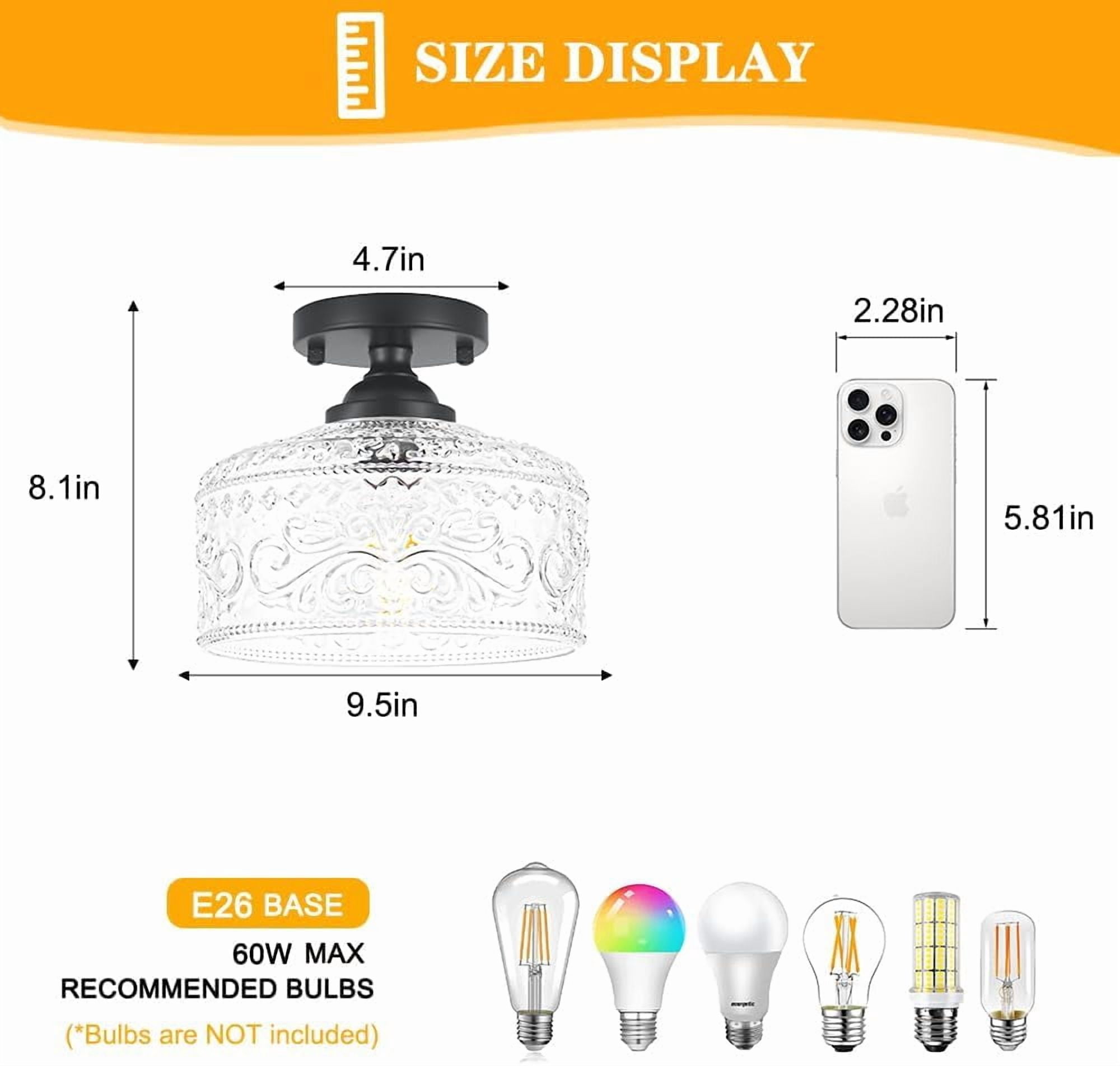 Small Semi Flush Mount Ceiling Light Fixture, Vintage Matte Black Close to Ceiling Lighting with Etched Glass Shade for Hallway, Kitchen, Entryway (Retro Design, Easy Install)