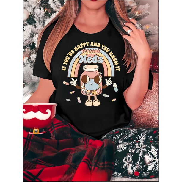 Camiseta con gráfico "¿Estás feliz?" para mujer: cuello redondo, manga corta, cómoda camiseta de verano en mezcla de algodón con un diseño vibrante. Camiseta deportiva informal.