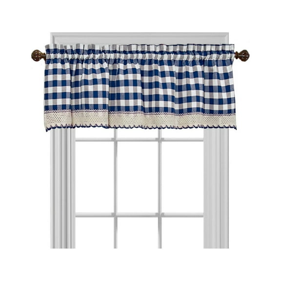 Gingham Plaid Window Curtain Valance Treatment with Macrame Trim - Navy