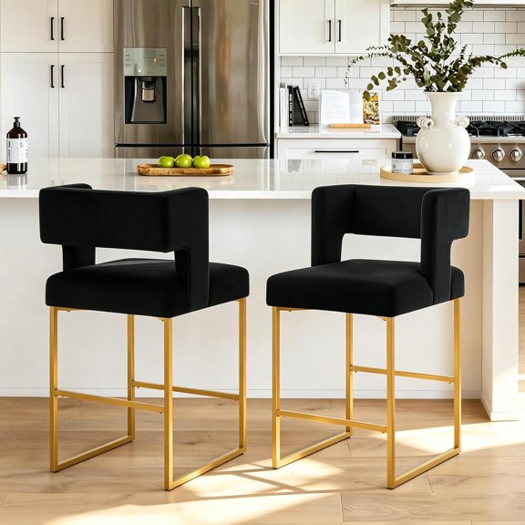 LQLI 26" H Counter Height Bar Stools Set of 2, Modern Velvet Barstools with Square Open Backrest and Gold Metal Frame, Kitchen Counter Stools for Island, Home Bar, Pub