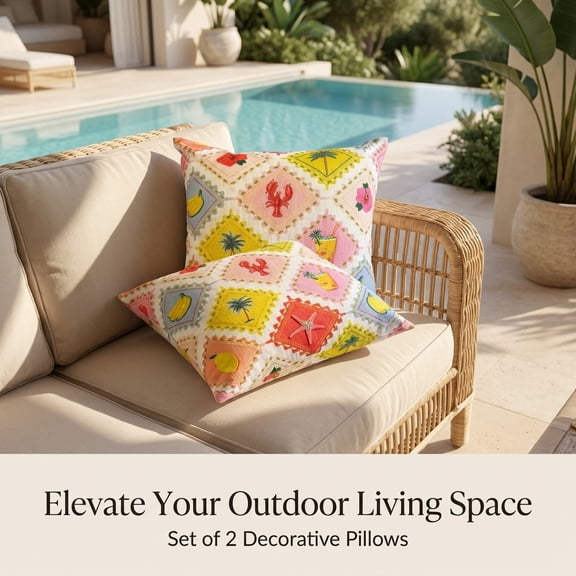 Outdoor Pillows Set of 2, 18 x 18 Weather-Resistant Polyester Patio Throw Pillows with Plush Filling for Sofa Bench, Multi Color