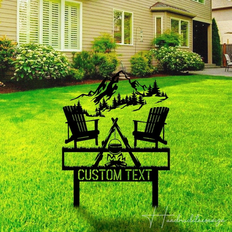 Handmadetneonsign Personalized Outdoor Camping Fire Name Metal Sign With Stakes, Garden Yard Decor