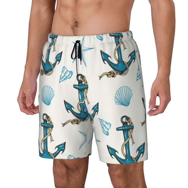 Kdxio Anchors And Shells Print Mens Swim Shorts with Mesh Lining, Breathable and Quick-Drying, Adjustable Waist, Privacy Pocket-Medium