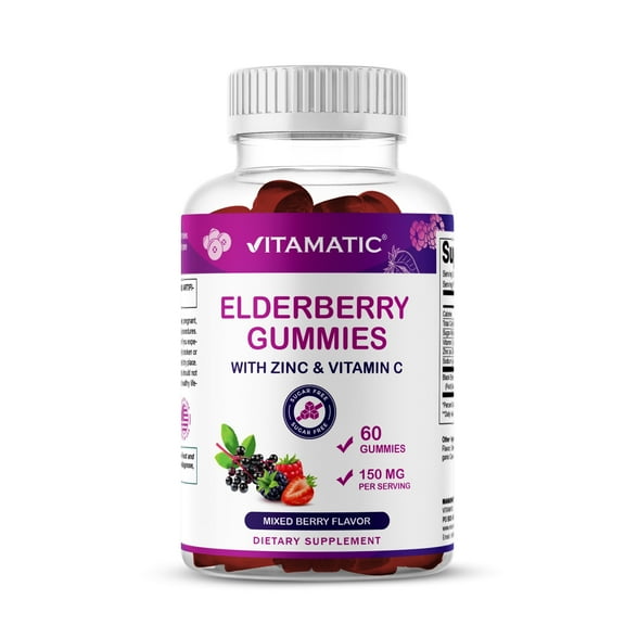 Vitamatic Elderberry Gummies with Vitamin C & Zinc – Immune Support Supplement – Mixed Berry Flavor– 60 Gummies – Made in The USA, Vegan, Non-GMO, Gluten-Free