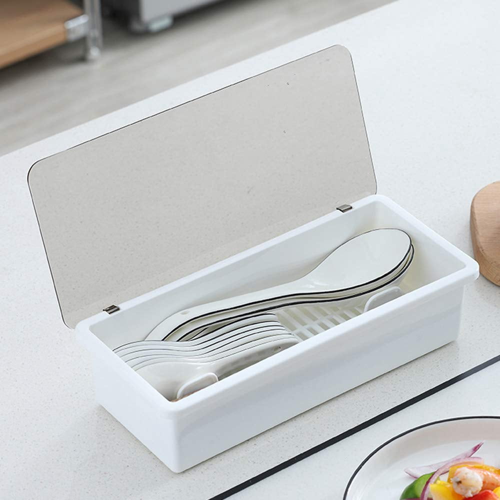 White Flatware Tray Kitchen Drawer Organizer With Lid And Drainer - Plastic Kitchen Cutlery Tray and Utensil Storage Container with Cover - 11.0 Inch Silverware Holder Drawer Organizer.