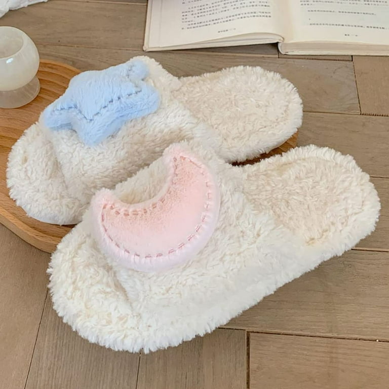 PIKADINGNIS Women s Soft Plush Moon Star Fuzzy Slippers Winter