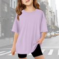 thumbnail image 2 of Girls Shirts Size 9-10 Short Sleeve Casual Round Neck Fashion Cute Print T-Shirt Soft and Comfortable Oversized Pullovers(Solid, A01-Light Purple, 9-10 Years), 2 of 6