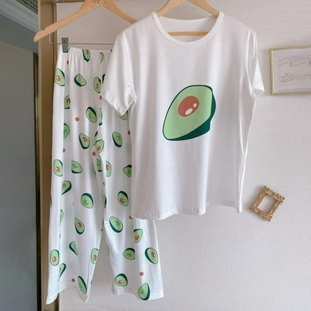 

Clearance Love The New Pajamas Women Summer Short-sleeved Trousers Loose Cartoon Casual Home Service Suit Two-piece Avocado Color Is Optio