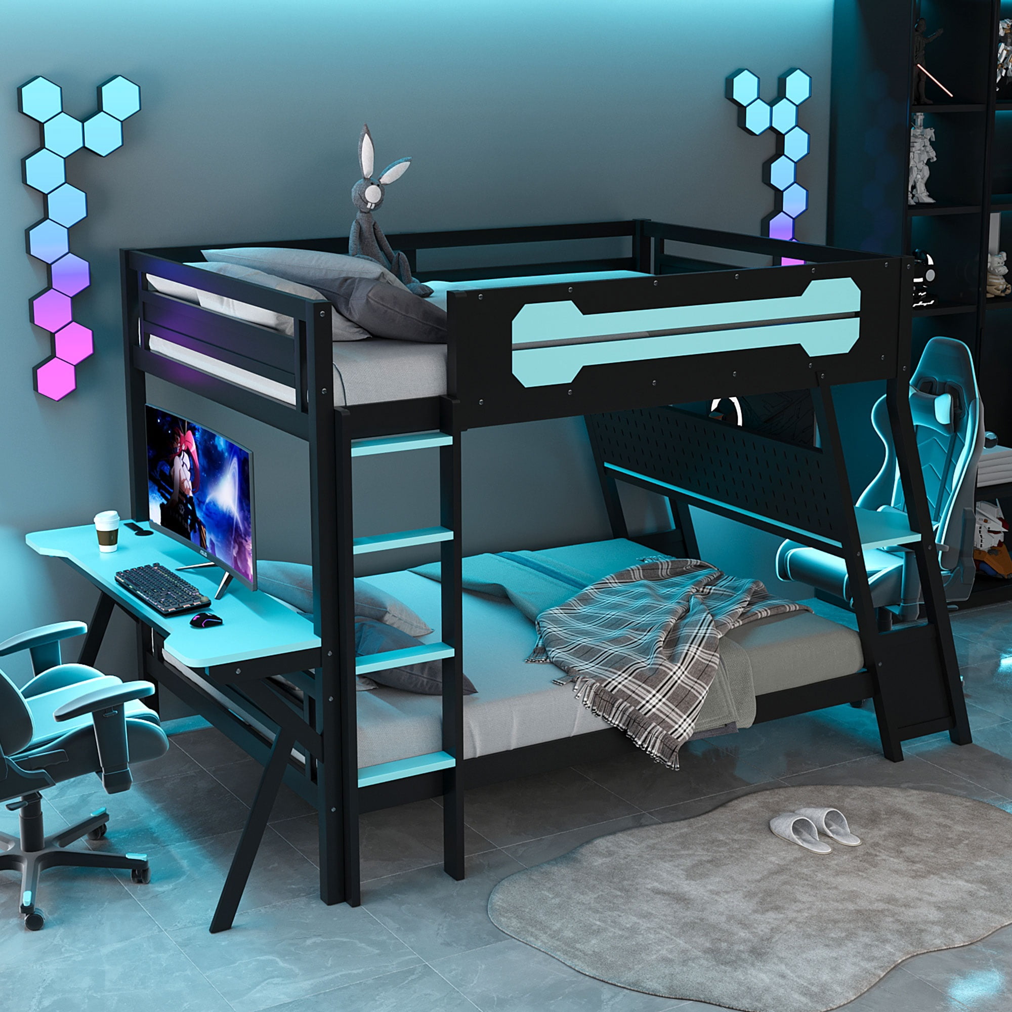 Aukfa Full over Full Bunk Bed with Built-In Desks, USB Charging Ports & Pegboard Organizer, Wood E-Sports Gaming Bed Frame for Kids/Teens, Blue