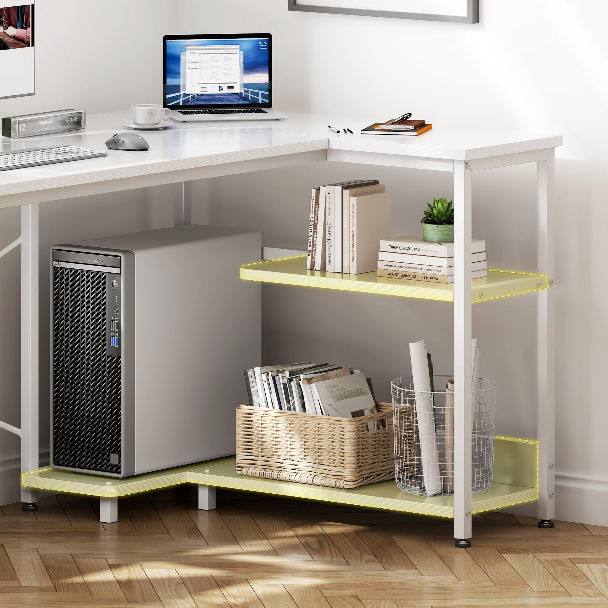 Casacomoda 48 Inch L Shaped Computer Desk with Storage Shelves & CPU Stand, Spacious Corner Desk with Headphone Hook, Home Office Desk, Reversible, White