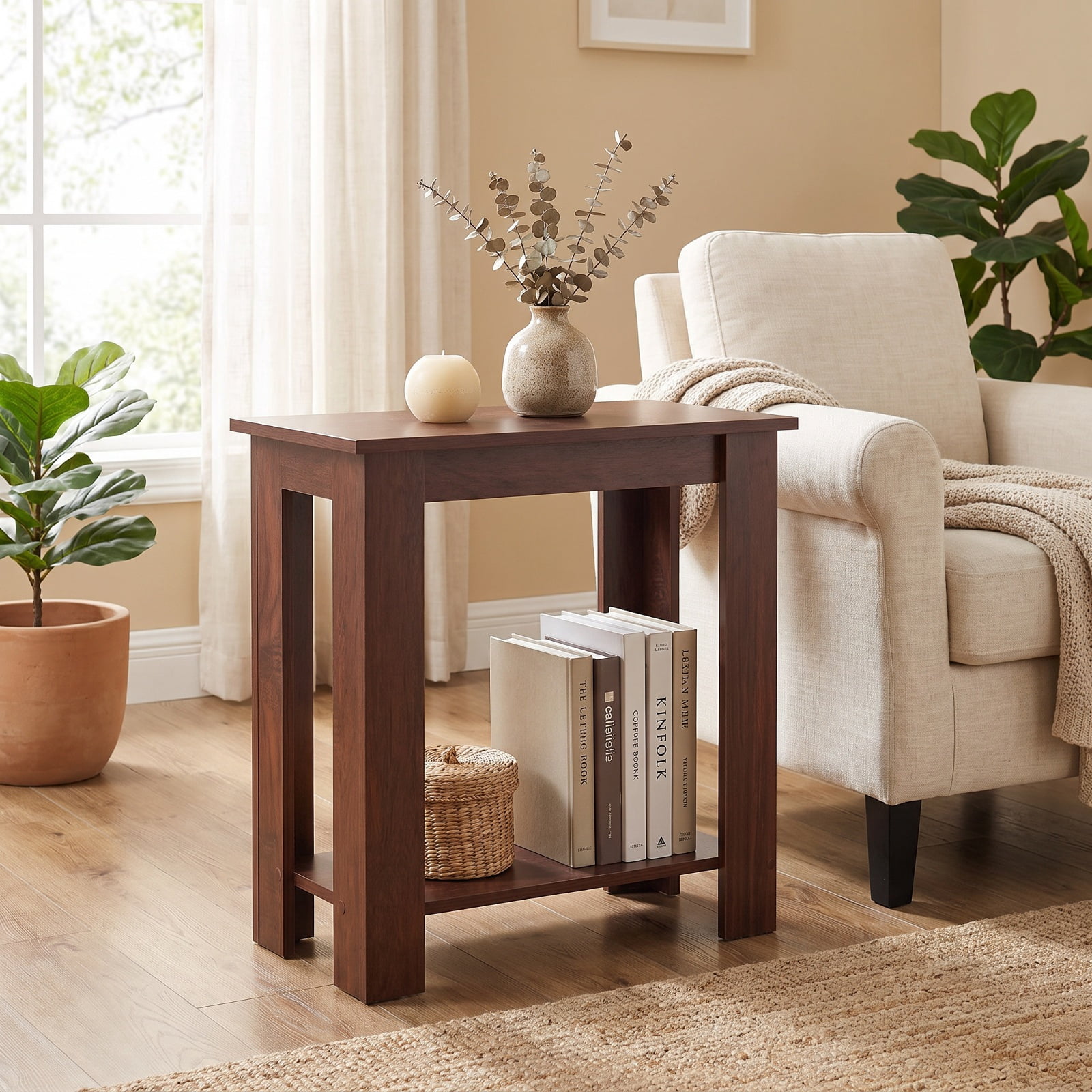 Furnibear 2 Tier Compact End Table with Storage Shelf and Non Slip Legs for Small Living Room Bedroom and Sofa Side, Brown