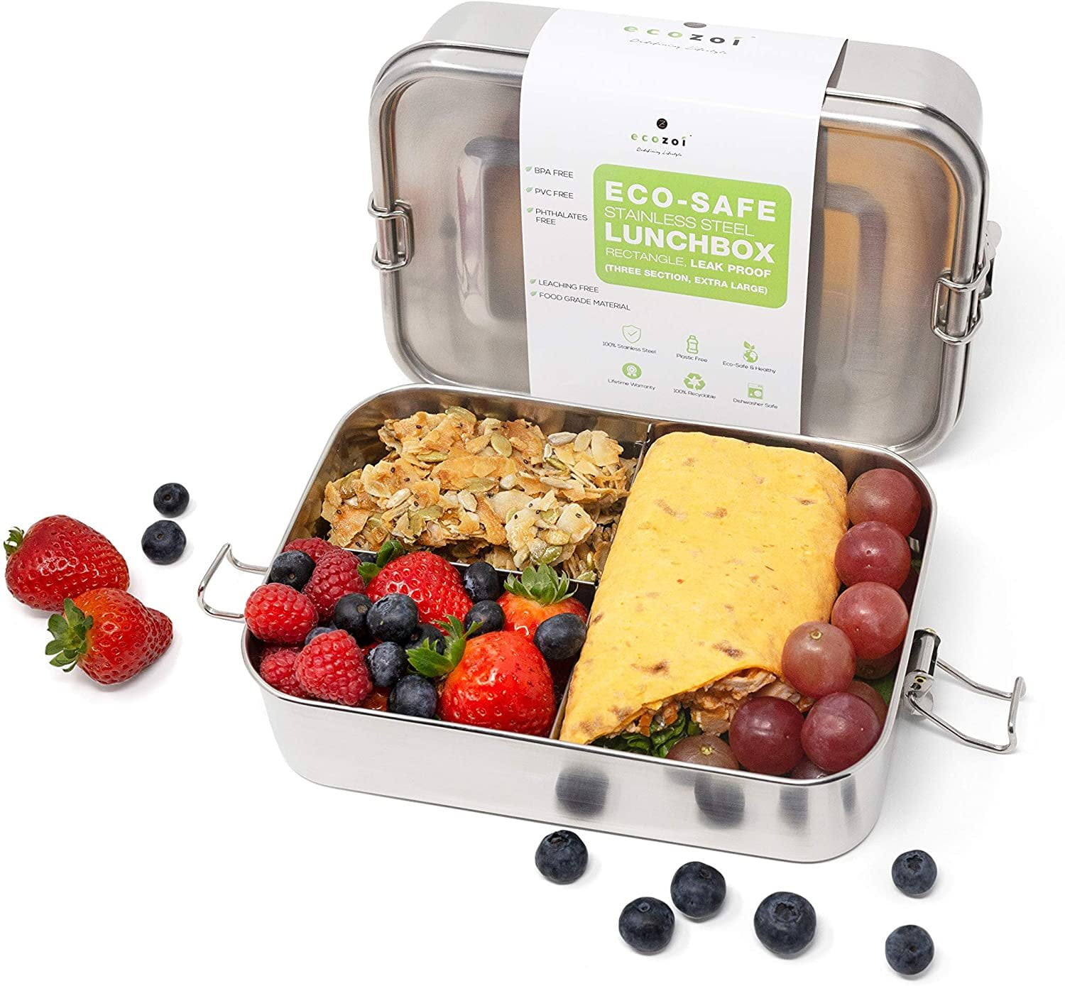 Ecozoi LEAK PROOF EXTRA LONG Stainless Steel 3 COMPARTMENT Eco Lunch