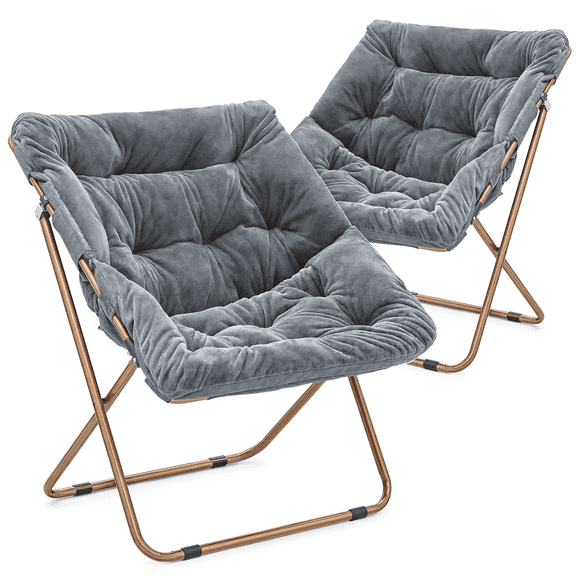 MoNiBloom Folding Saucer Chair Set of 2, Oversized Faux Fur Lounge Reading Seat with Thick Padded Metal Frame, for Bedroom Living Room, Gray