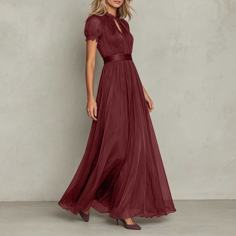flowy wedding guest dress Miqool Womens Elegant Lace Trim Smocked Maxi Dress Puff Short Sleeve Cocktail Party Long Dresses, Xs-5xl, Women's, Red white-label