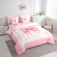 thumbnail image 3 of Manfei Princess Pink Ribbon Twin Bedding Sets 7-Piece for Girl, Cartoon Monogrammed K Bedding Comforter Set, Buffalo Plaid Reversible Sheet Sets, Luxury Bedroom Decor, 3 of 7