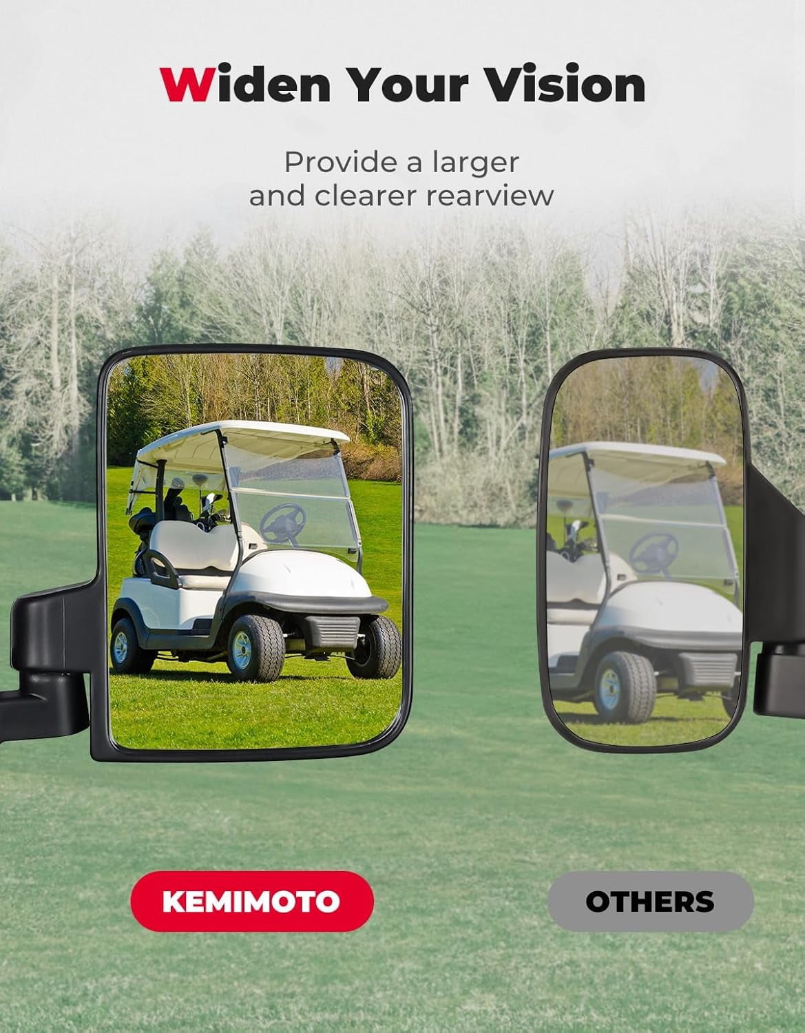 KEMIMOTO No Drilling Golf Cart Side Mirrors, Universal Rear View Mirror for 0.75"-1.25" Square Rail, Folding Design