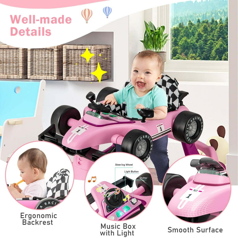 COSTWAY Loopwagen, 4-in-1 loophulp, inklapbaar, met instelbare hoogte en snelheid, babywalker, in de vorm van een auto, met muziek, licht, antislip pads en wielen, voor baby's vanaf 6 maanden, zwart